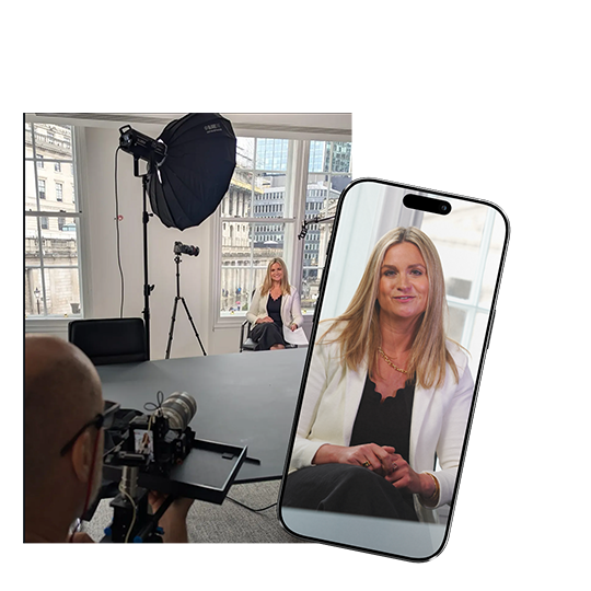 two images of an interview and another as a mobile phone