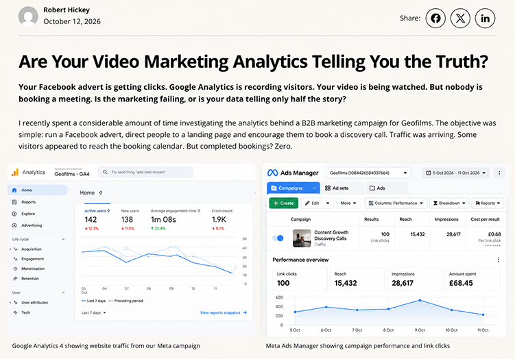 Illustrative dashboards comparing Google Analytics and Meta Ads, not actual Geofilms campaign data